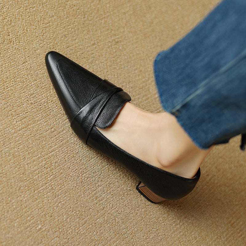 Black Leather Loafer with Low Stacked Heel