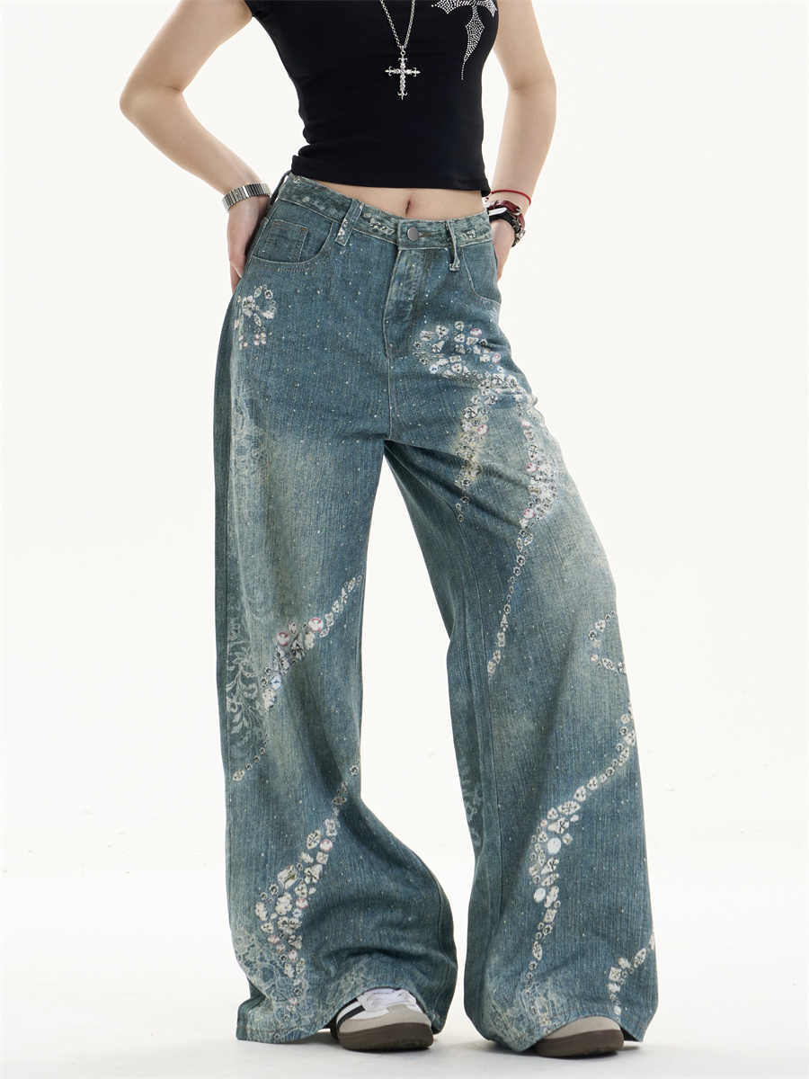 Women's Bowknot Printed Jeans Loose Wide-leg Pants