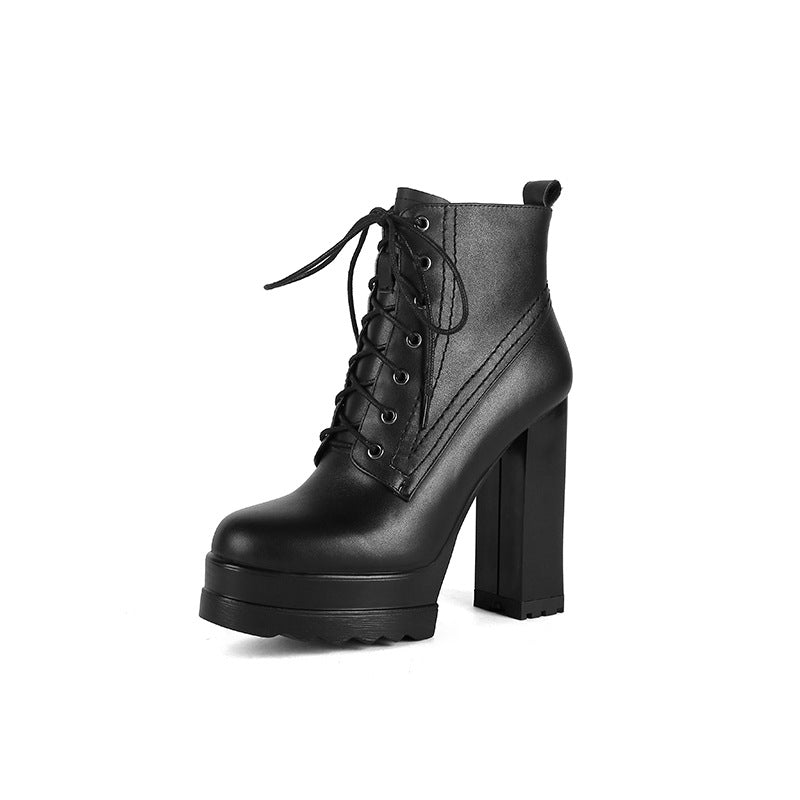 Cowhide Leather Platform Heel Lace-Up Boot