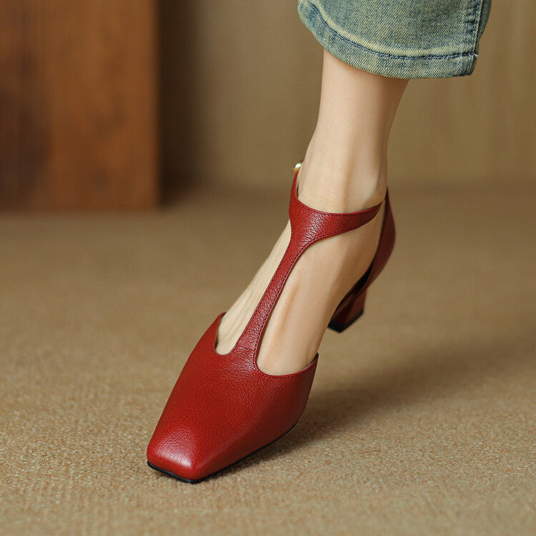 French Retro Square Toe Chunky Heel Wine Red Sheepskin Leather Shoes