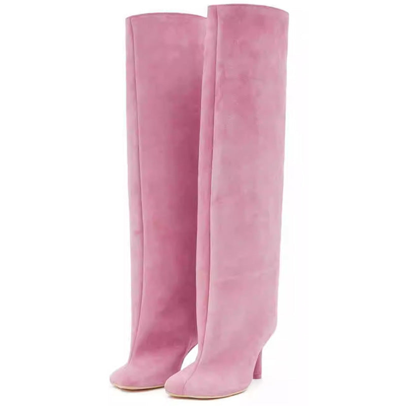 Simple Stitching Square Head Loose Sleeve High-heel Boots