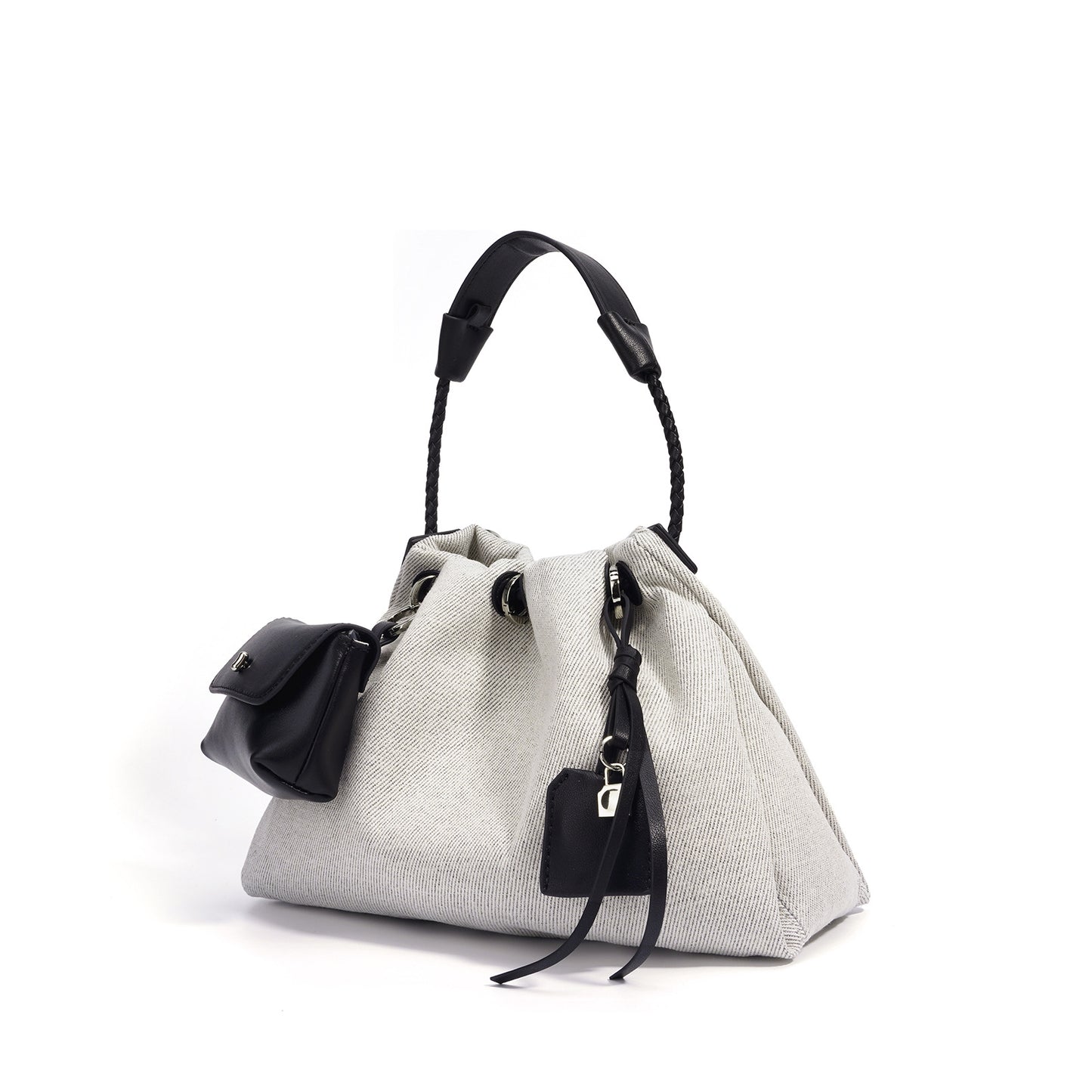 Canvas Drawstring Bucket Bag with First-Layer Cowhide Trim —