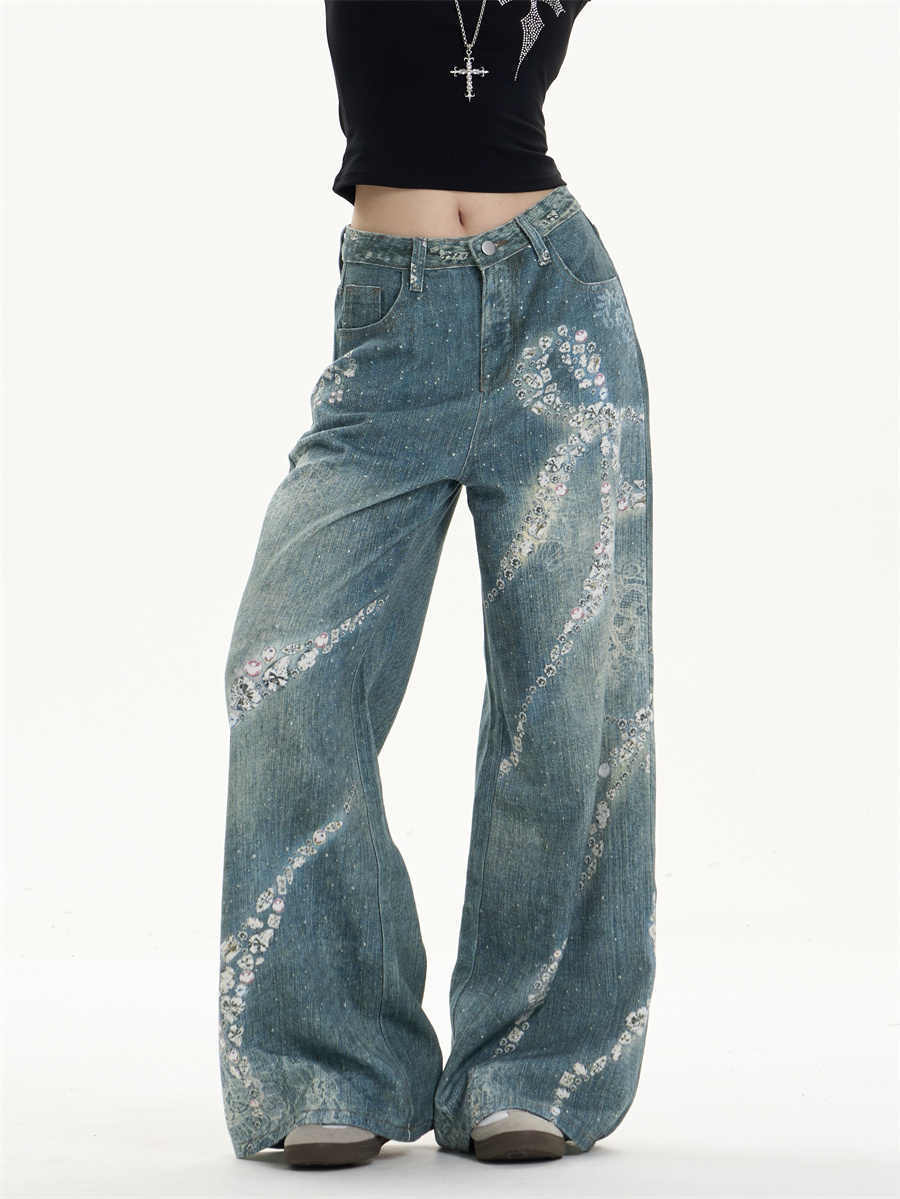 Women's Bowknot Printed Jeans Loose Wide-leg Pants