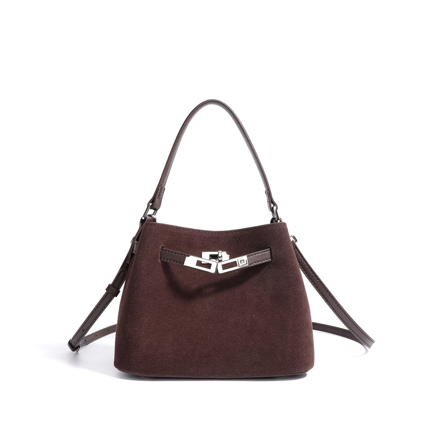Structured Suede Bucket Bag in First-Layer Cowhide Leather
