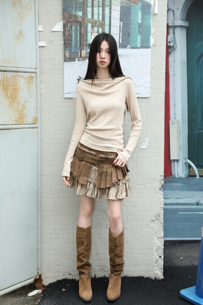 Retro Distressed Heavy Industry Fake Two-piece Pleated Skirt