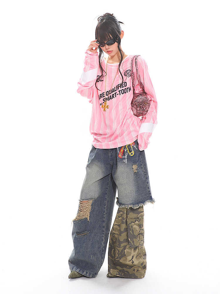 Stitched Camouflage Jeans Fake Two-piece Chain Printed Wide-leg Pants