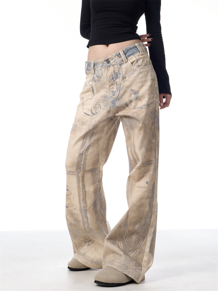 Retro 3D Printing Laser Full Printed Washed Jeans