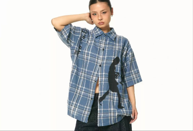 New Blue Color Plaid Loose Short Sleeve Shirt