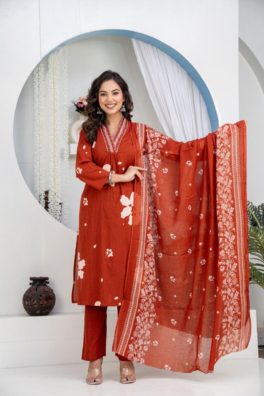 TATVANI Embroidered Cotton Kurta Set with Dupatta