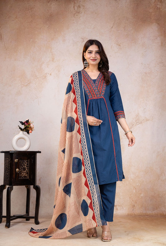 TATVANI Adda Work Cotton Kurta Set with Printed Dupatta