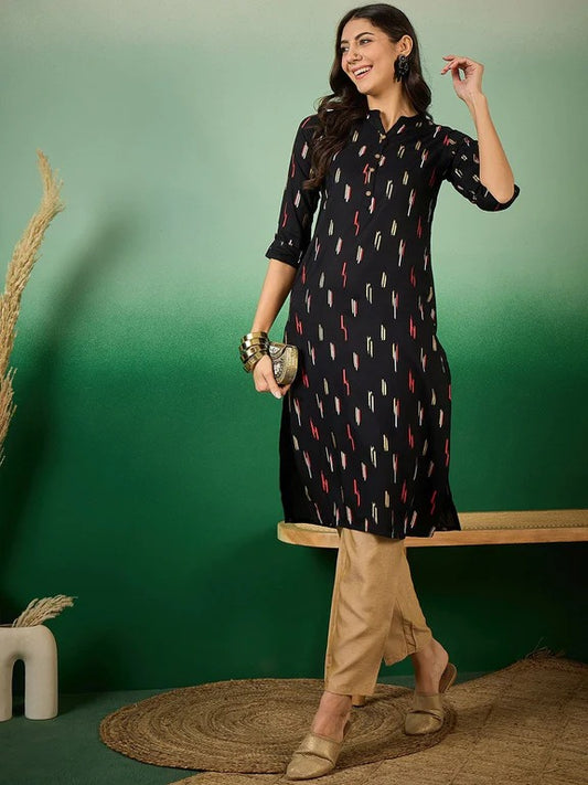 TATVANI Black Printed Rayon Straight Kurti