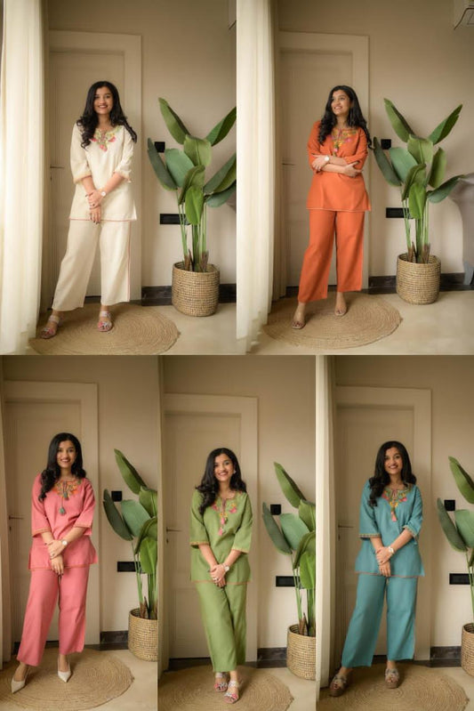 TATVANI Premium Embroidered Cotton Slub Co-Ord Set