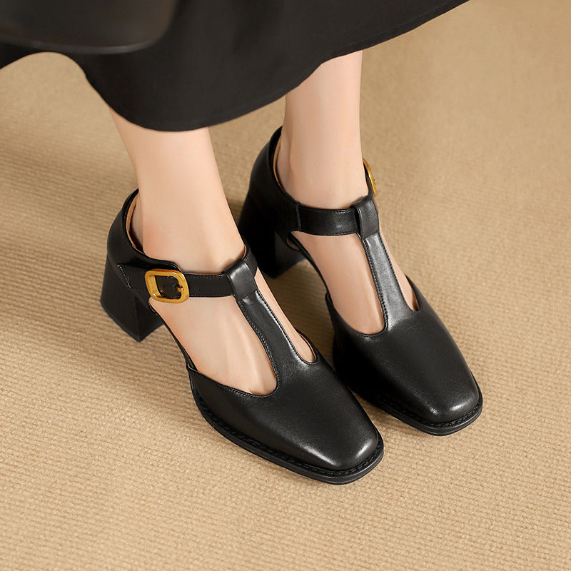 Women's Square Toe T-buckle Hollow Sandals