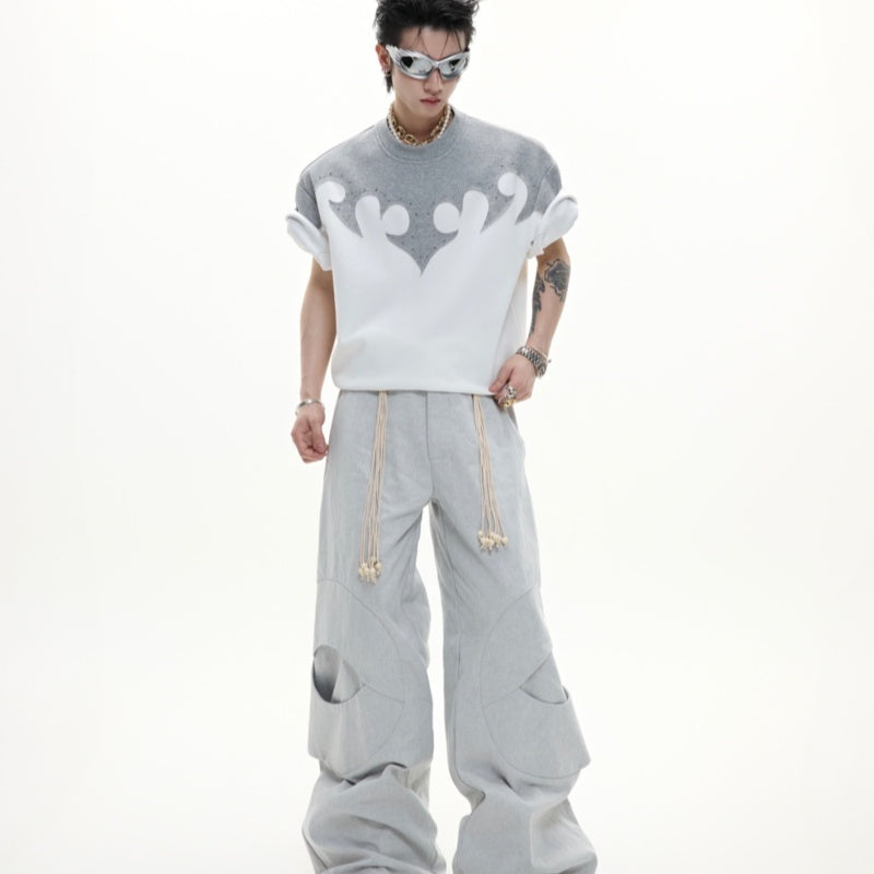 Three-dimensional Stitching Burnt Flower Round Neck Short Sleeve Men's Hot Rhinestone Heavy Cotton