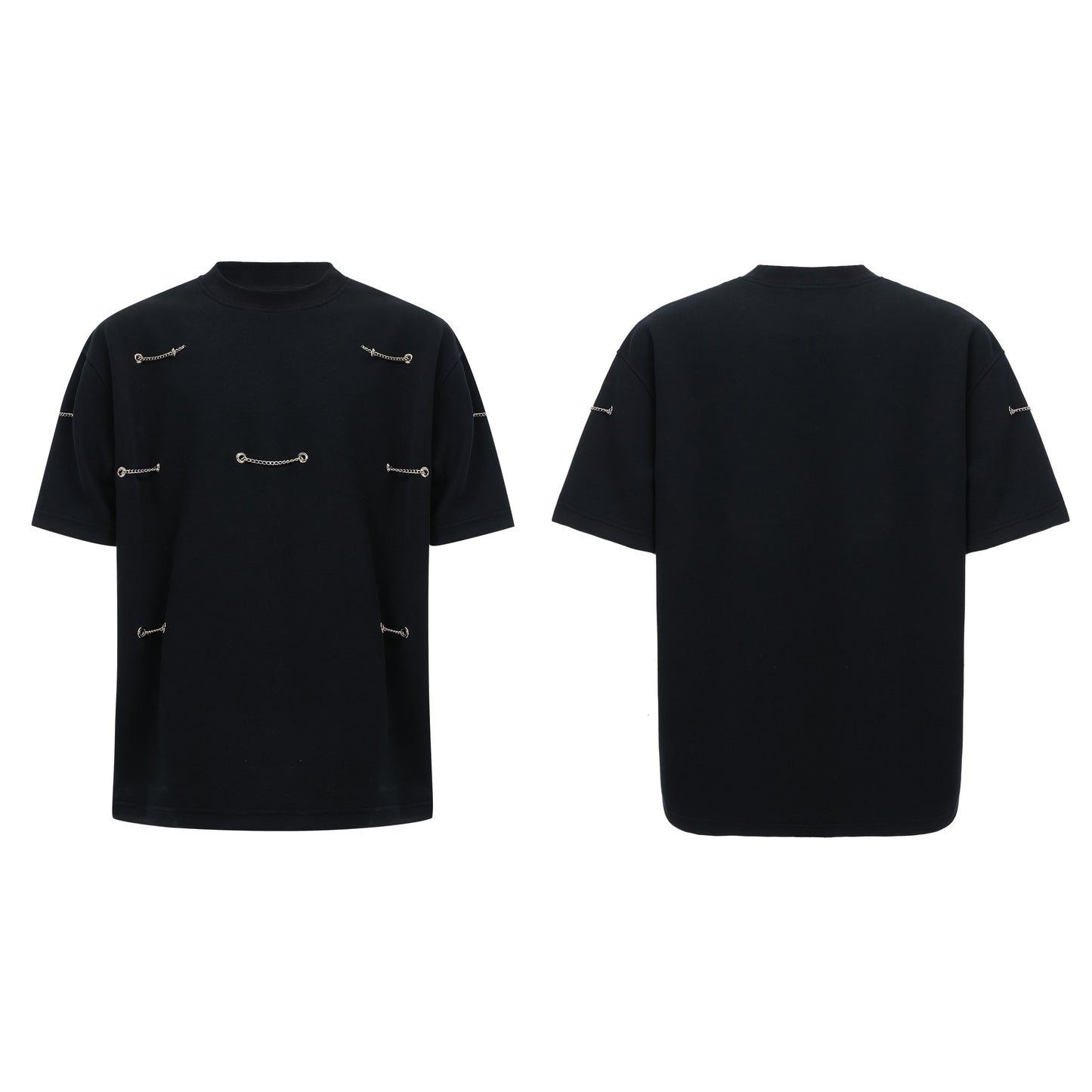 Metal Chain Padded Shoulder Short Sleeve Heavy Cotton Black T-shirt