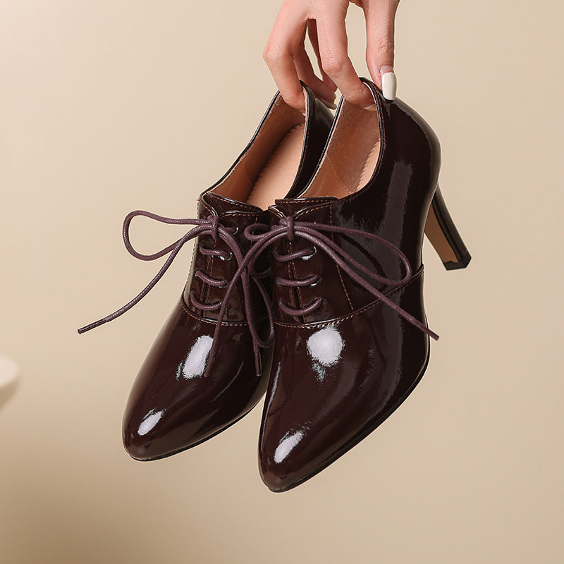 High Heel Lace-up Authentic Leather British Style Pointed Leather Shoes Mid Heel Loafers