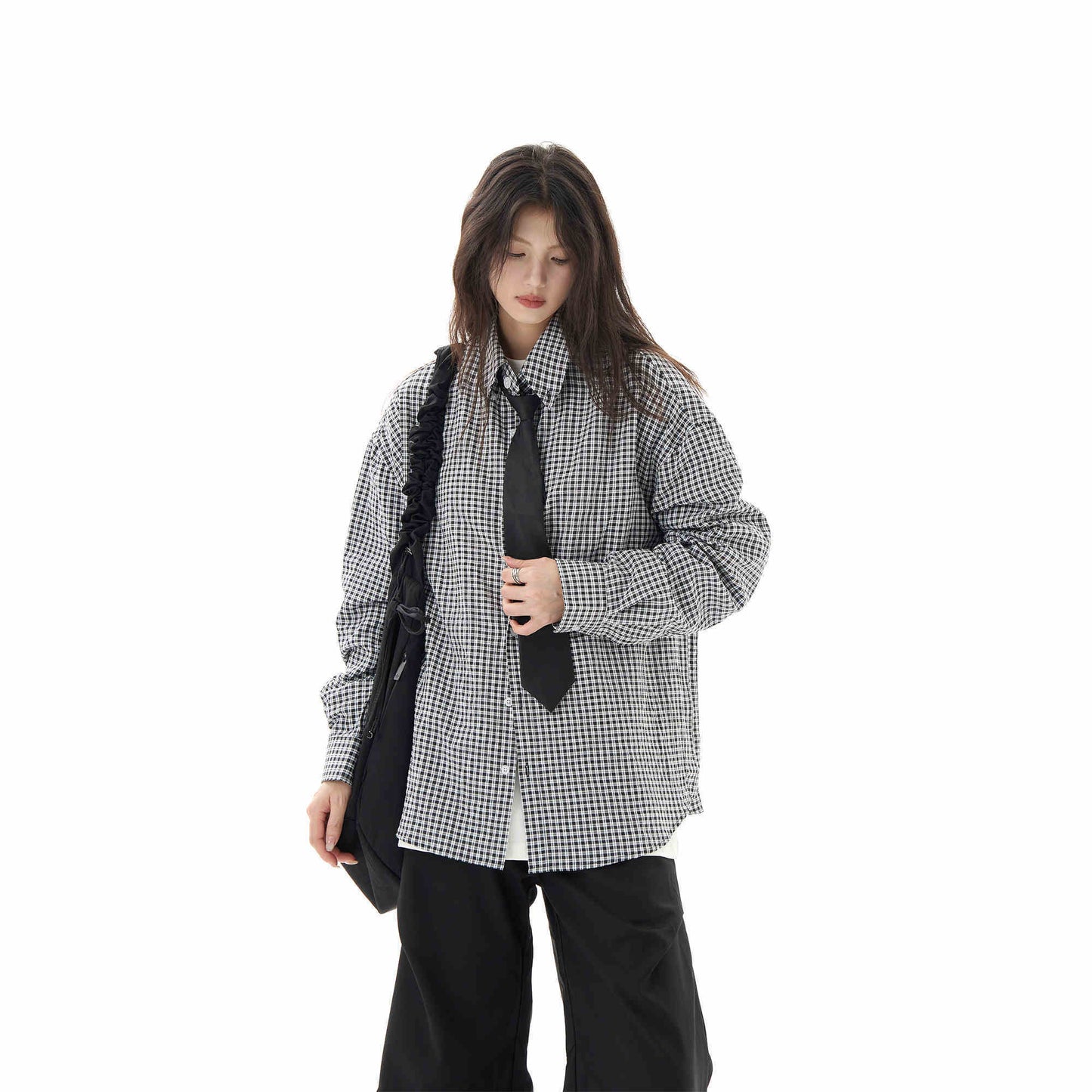 Black Plaid Shirt Long Sleeve Women Casual Loose Shirt Coat