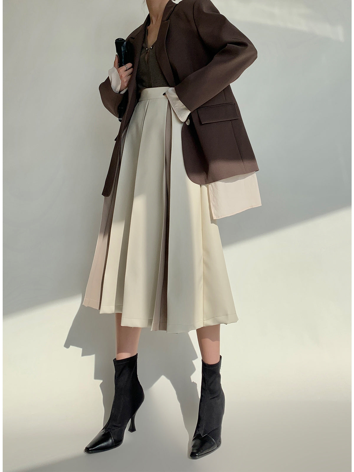 Stitching Pleated Skirt Women's PU Leather Autumn And Winter