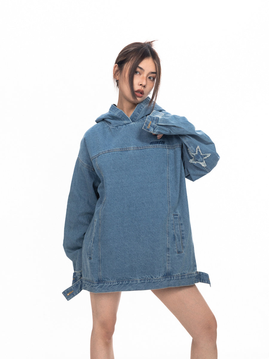 Retro Washed Loose Hooded Denim Top