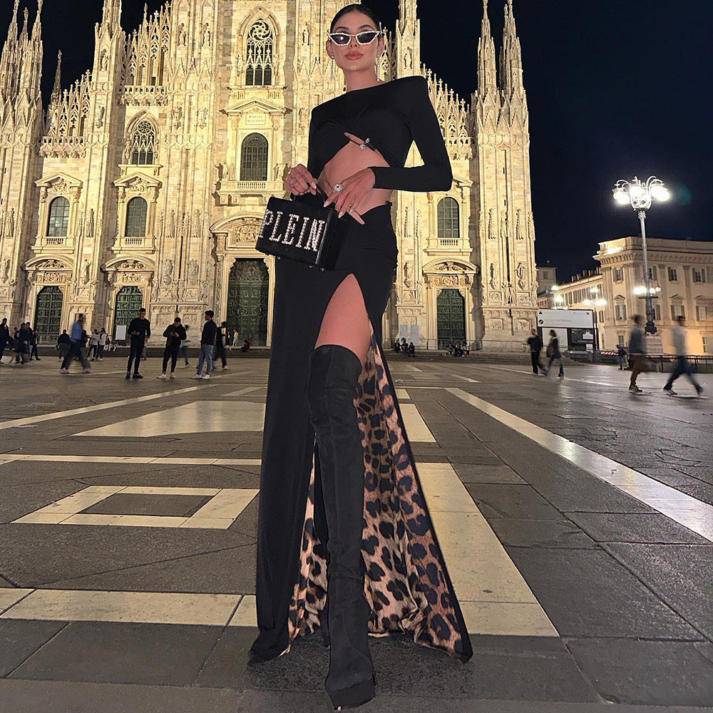 New Black Casual Fashion Two-piece Suit Skirt Suit Leopard Print Lining