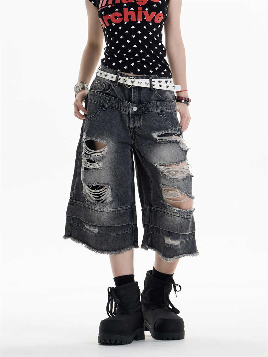 Ripped Denim Cropped Pants Women's Double Waist Loose Shorts