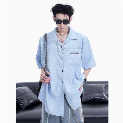 Niche Design Pleated Textured Short Shirt Men's Tops