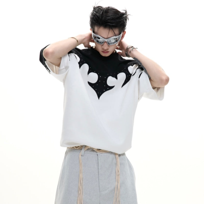 Three-dimensional Stitching Burnt Flower Round Neck Short Sleeve Men's Hot Rhinestone Heavy Cotton