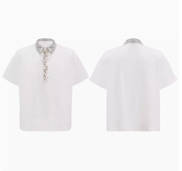 Loose And Versatile Sequined Square Neck Short Sleeved Shirt