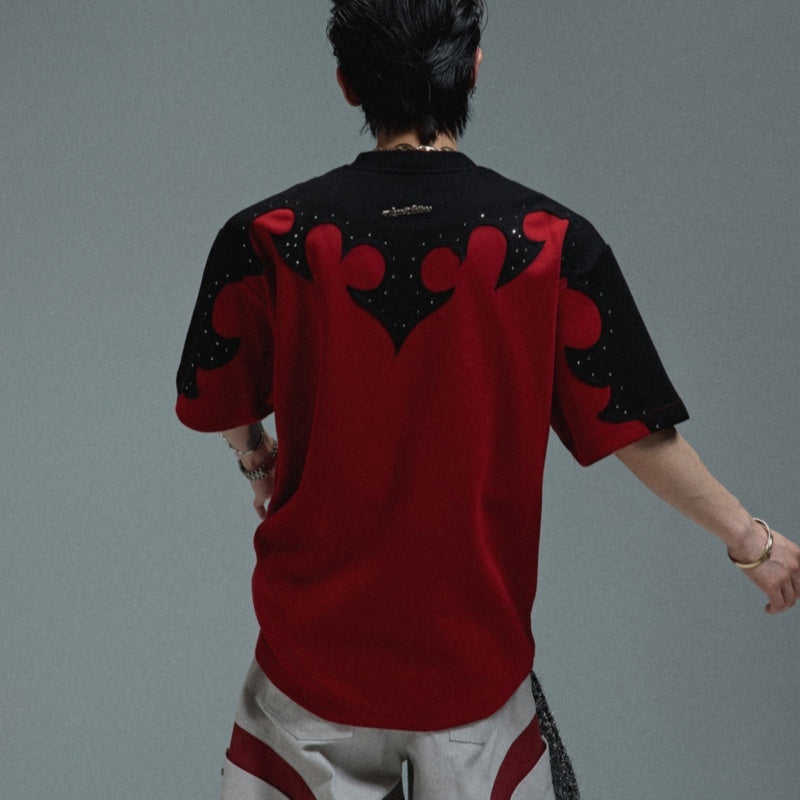 Three-dimensional Stitching Burnt Flower Round Neck Short Sleeve Men's Hot Rhinestone Heavy Cotton