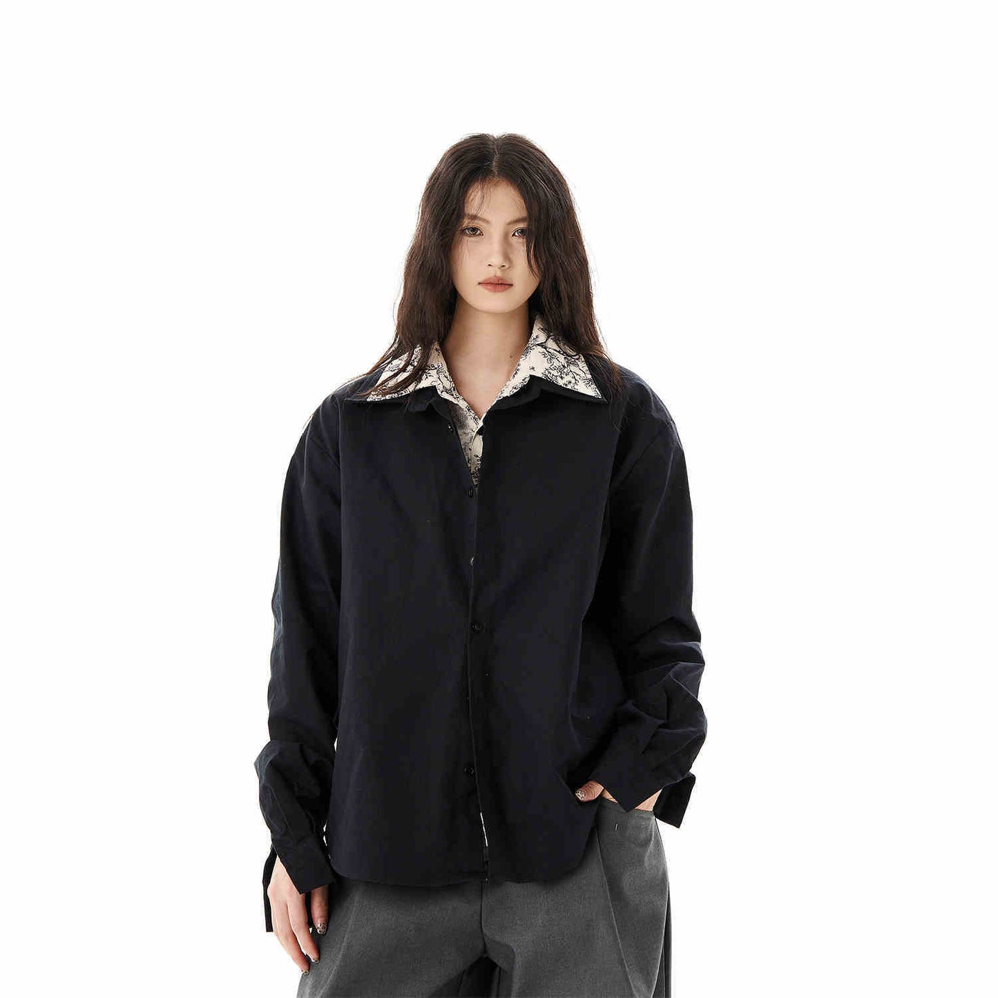 Lapel Floral False Two-piece Patchwork Loose White Long Sleeve Shirt Coat