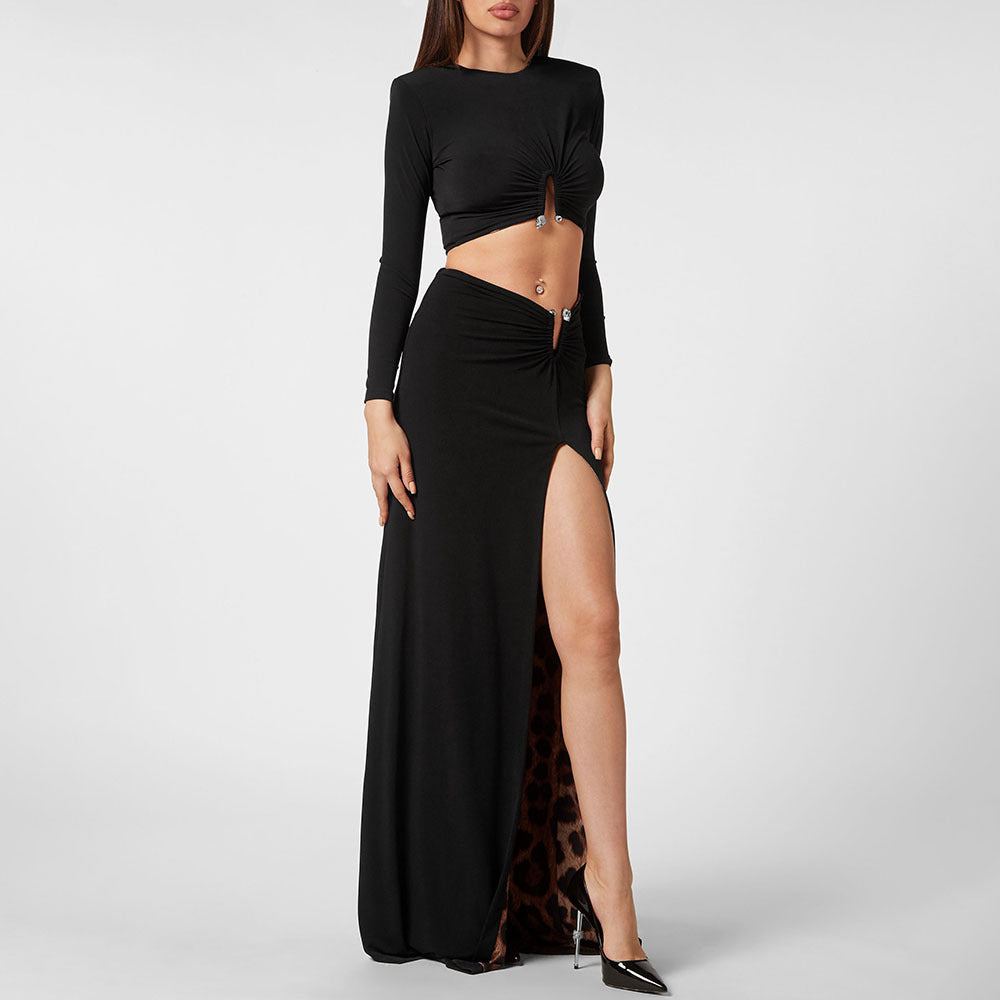 New Black Casual Fashion Two-piece Suit Skirt Suit Leopard Print Lining