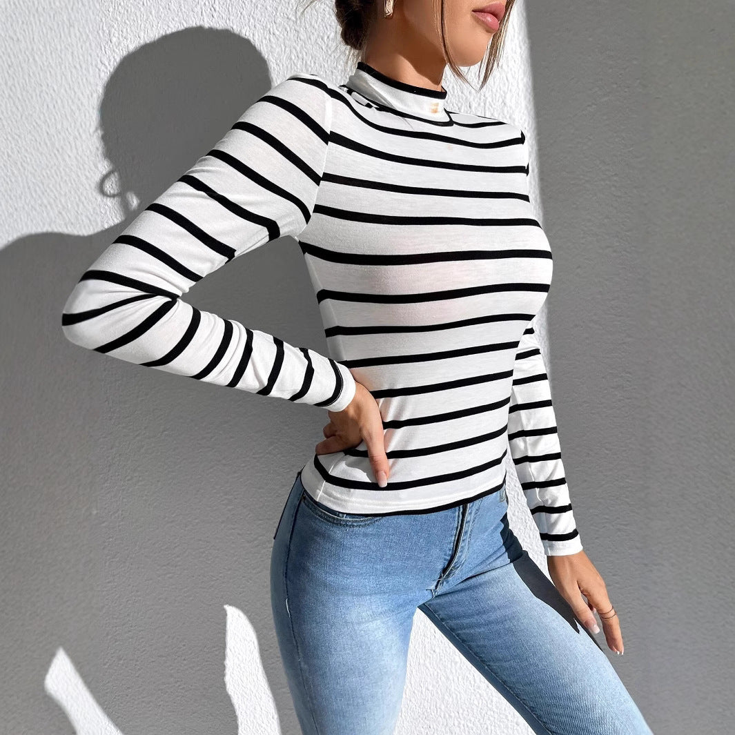 Mock-neck Stripes Bottoming Shirt Women's Long Sleeve Inner Wear