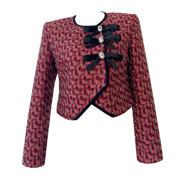 Red Tweed Long Sleeve Top Coat With Short Skirt