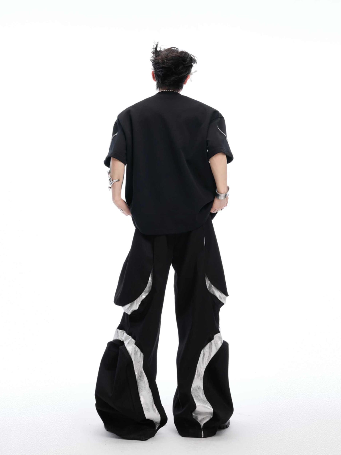 Metal Chain Padded Shoulder Short Sleeve Heavy Cotton Black T-shirt