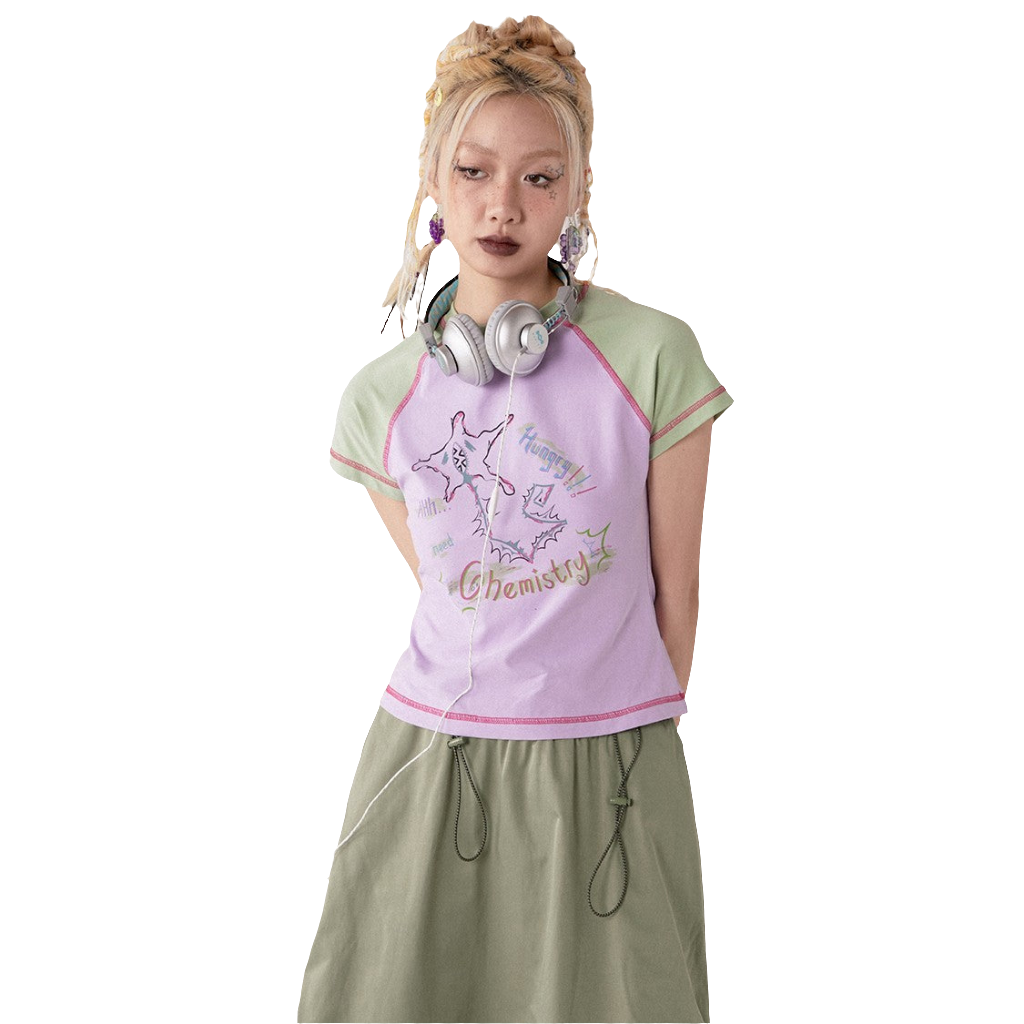 Contrast Printed Round Neck Short Sleeved T-shirt For Women