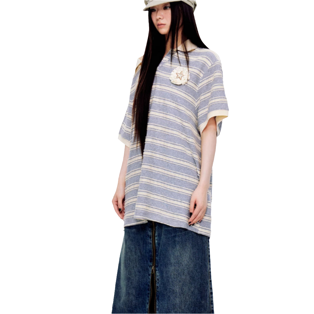 Collar 3D Striped Loose Lazy Sloping Shoulder Top