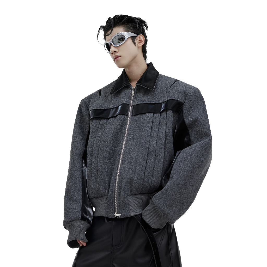 Bright PU Leather Patchwork Woolen Jacket