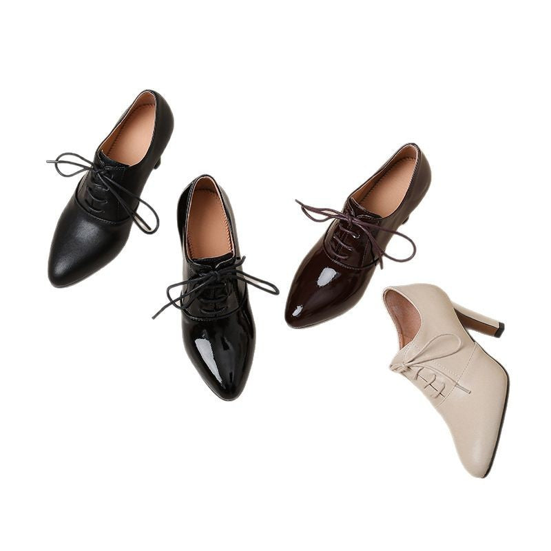 High Heel Lace-up Authentic Leather British Style Pointed Leather Shoes Mid Heel Loafers