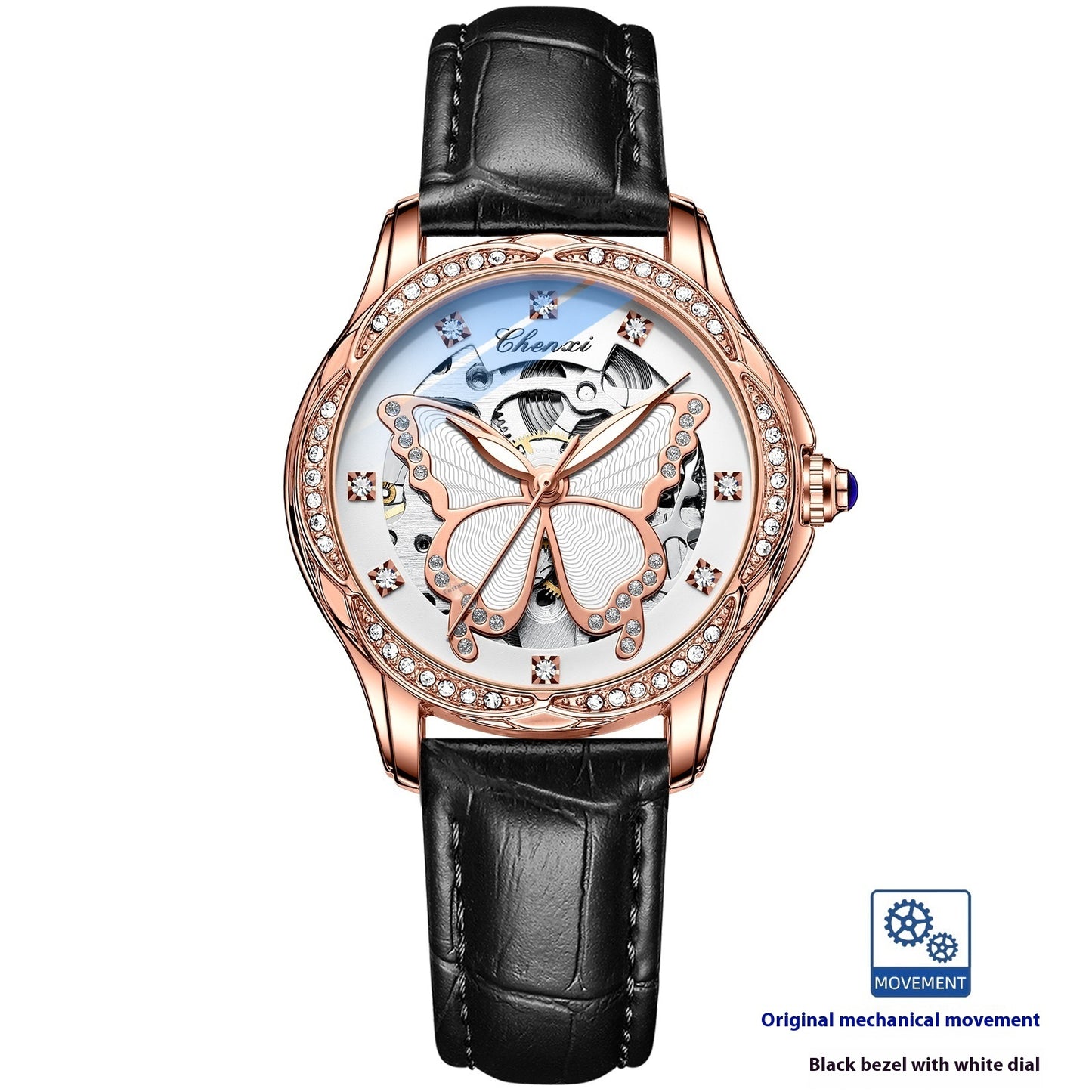 Butterfly Dial Fashion Diamond-embedded Watch Women's Waterproof Automatic Mechanical Watch
