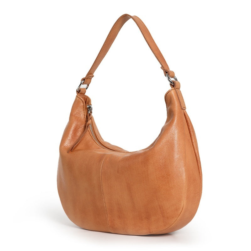 Soft-Curve Shoulder Bag in First-Layer Cowhide Leather