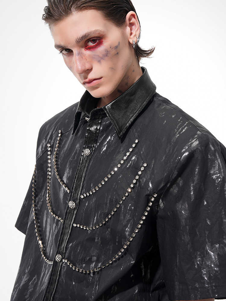 Niche Metal Coated Padded Shoulder Short Sleeve Shirt For Men