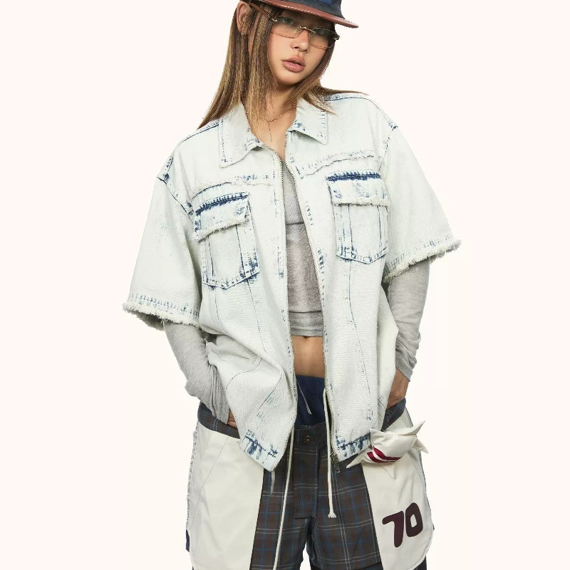 Women's Retro Washed Denim Frayed Short-sleeved Shirt