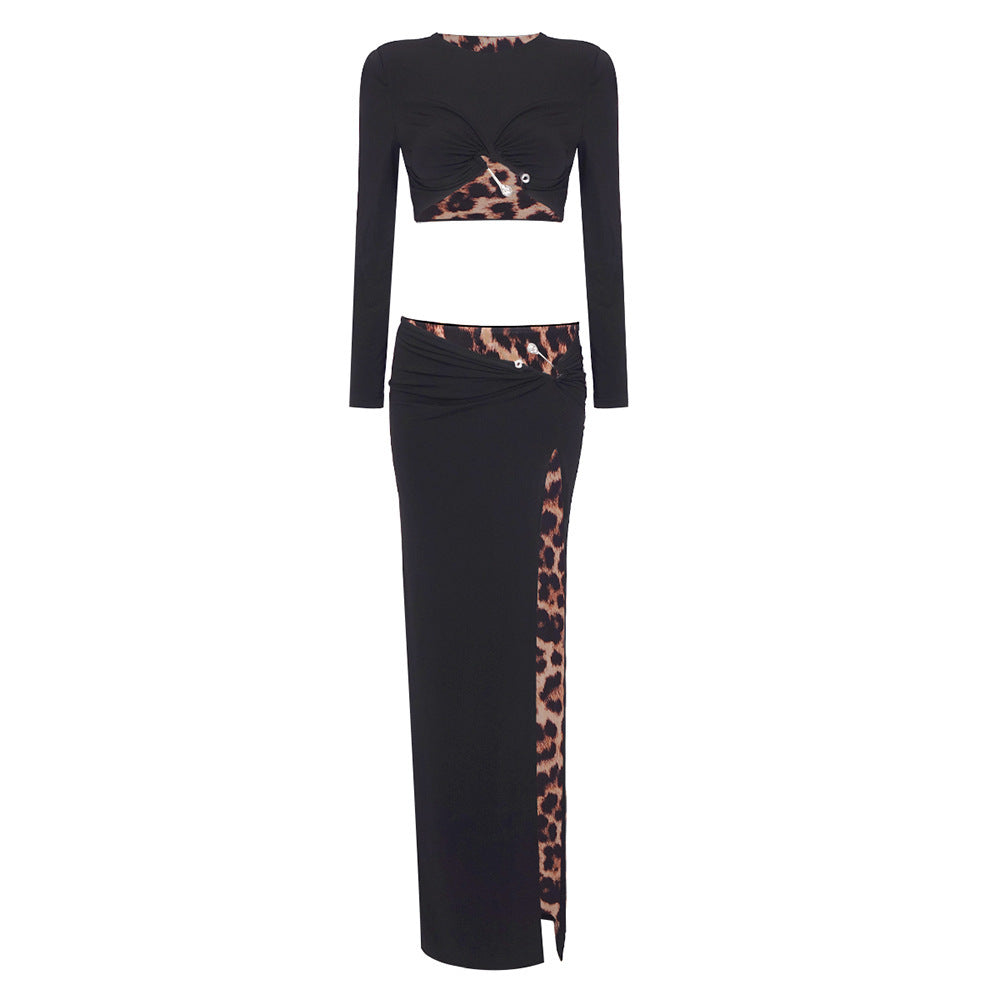 New Black Casual Fashion Two-piece Suit Skirt Suit Leopard Print Lining