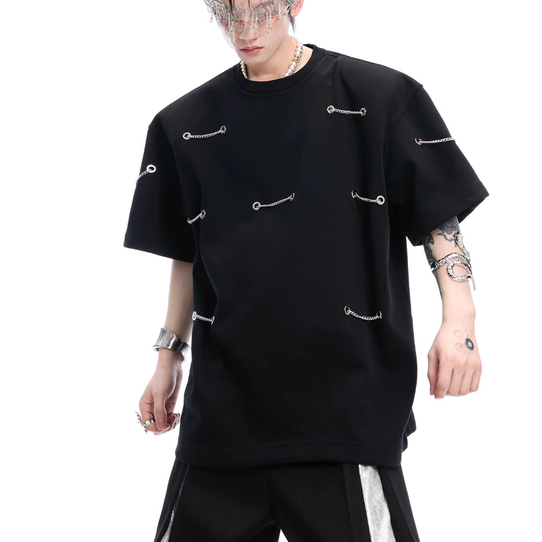 Metal Chain Padded Shoulder Short Sleeve Heavy Cotton Black T-shirt