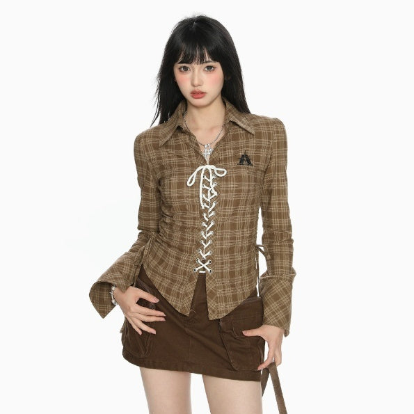 Plaid Cinched Drawstring Lace-up Shirt Women