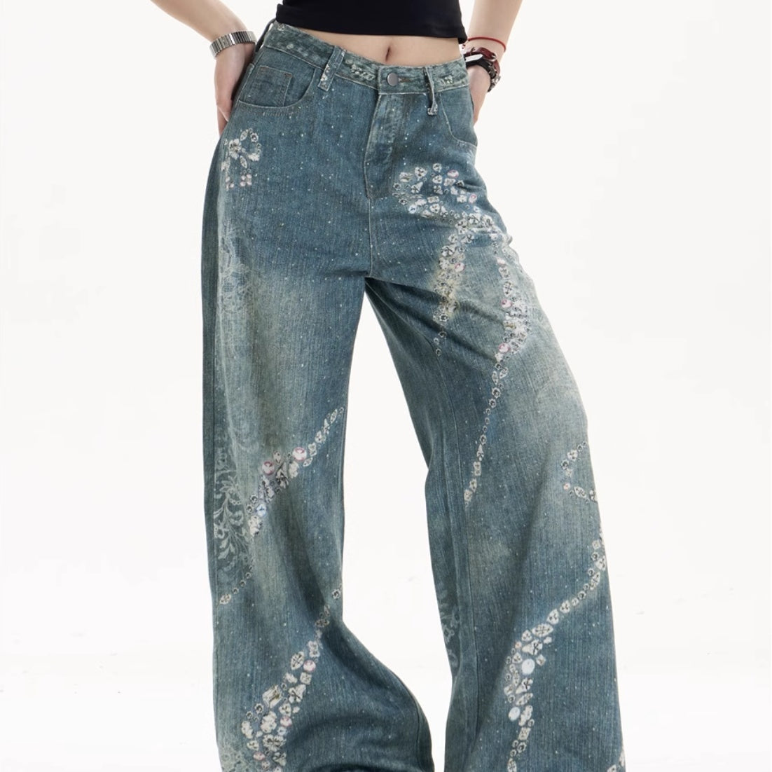 Women's Bowknot Printed Jeans Loose Wide-leg Pants