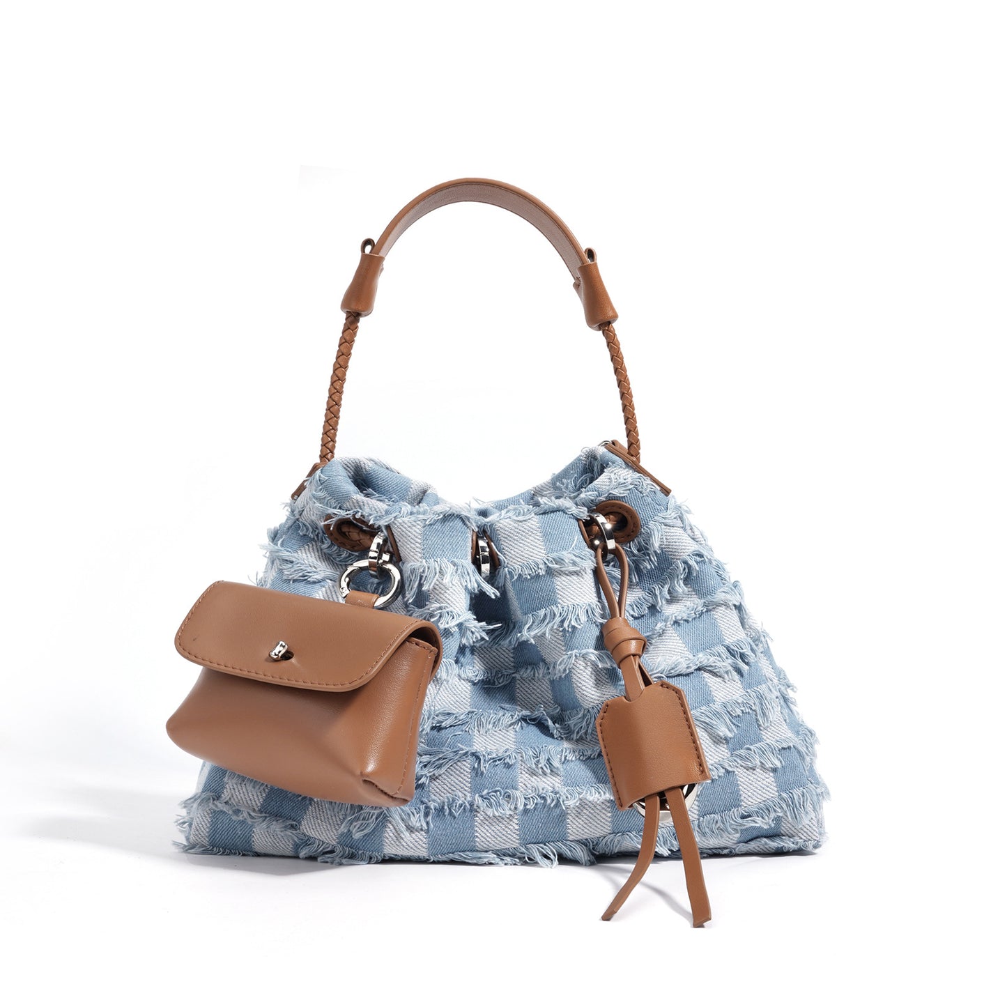 Denim & Cowhide Structured Drawstring Bag
