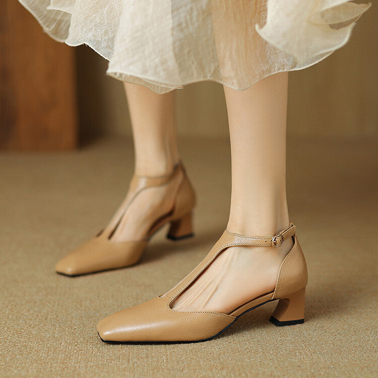 French Retro Square Toe Chunky Heel Wine Red Sheepskin Leather Shoes