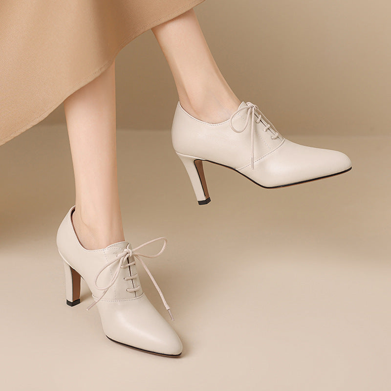 High Heel Lace-up Authentic Leather British Style Pointed Leather Shoes Mid Heel Loafers
