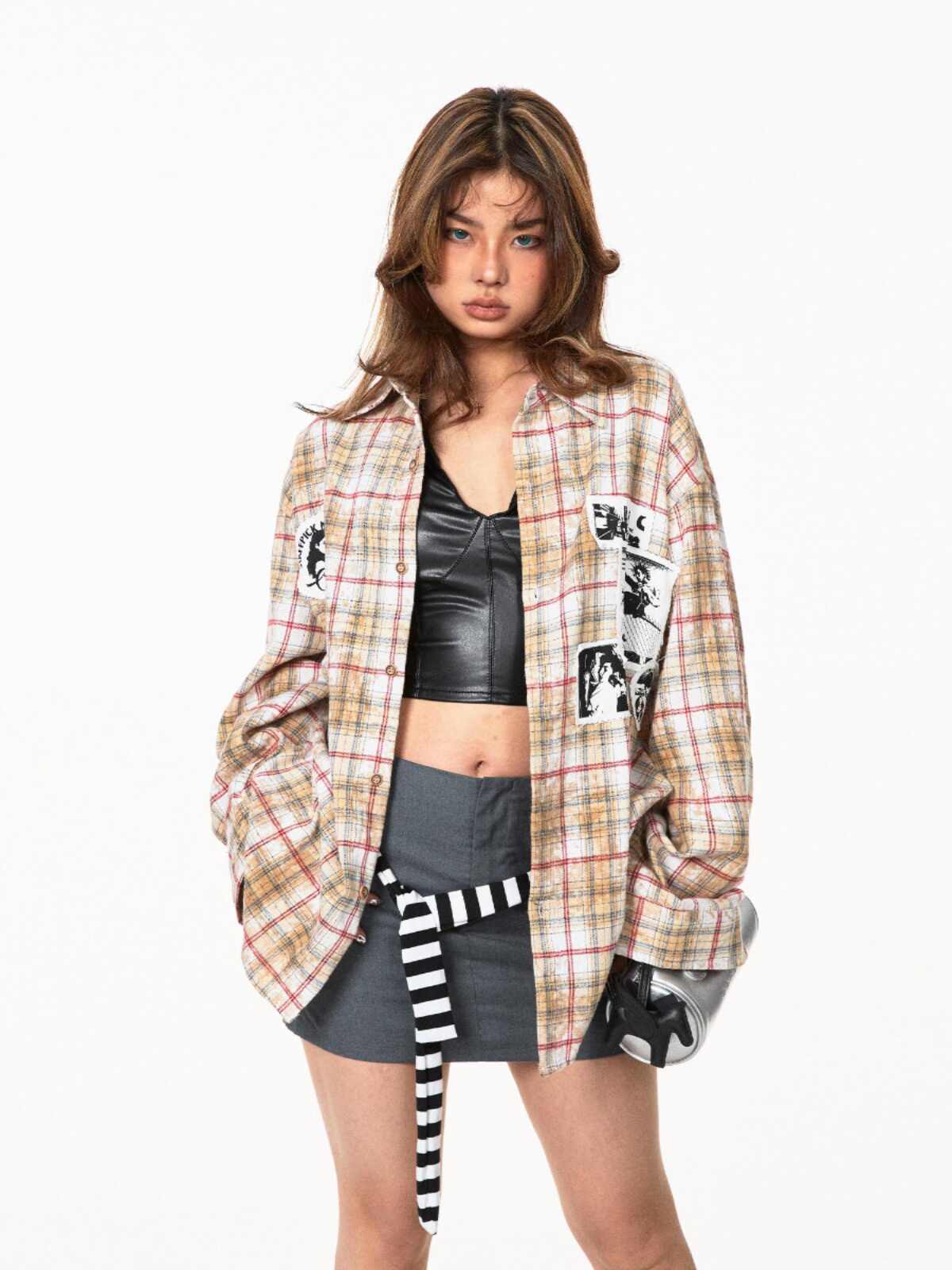 Retro Distressed Brushed Printed Plaid Shirt Loose Top